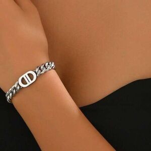 Silver Plated Stainless Steel Cuban Link Bracelet with Logo Detail